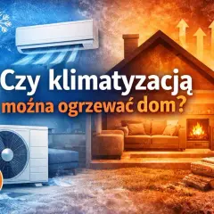 Klimatyzacja do ogrzewania domu: porównanie zimna i ciepła. Wnętrze domu z kominkiem i kanapą po prawej, klimatyzator po lewej.