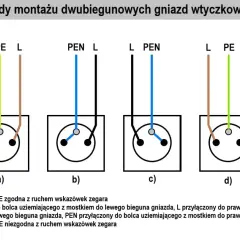 Schematy pokazują, jak podłączyć gniazdko na dwa włączniki, prezentując różne konfiguracje przewodów L, N, PE i PEN.