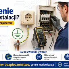 Elektryk sprawdza instalację miernikiem, pokazując, jak podłączyć gniazdko w starej instalacji bezpiecznie.