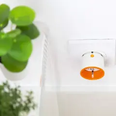 Inteligentne gniazdko w ścianie, idealne do rozpoczęcia przygody ze smart home. Obok zielone rośliny.