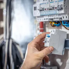 Dłoń montuje bezpiecznik w skrzynce elektrycznej. Widać przewody i inne zabezpieczenia. Czy to bezpiecznik b czy c?