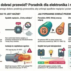 Ilustracja pokazuje przekrój przewodu elektrycznego z widoczną metalową częścią, która nagrzewa się pod wpływem prądu.