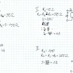 Obwód z rezystorami R1=50Ω i R2=0-150Ω. Obliczenia prądu i napięcia, wzór na spadek napięcia.
