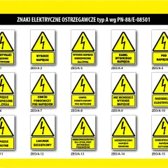 Zestaw piktogramów elektrycznych ostrzegawczych: "Nie dotykać!", "Wysokie napięcie", "Pod napięciem", "Nie wchodzić", "Rozdzielnia elektryczna".