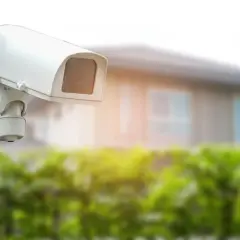 Biała kamera monitoringu na posesji, pilnująca domu i przestrzegająca przepisów bezpieczeństwa.