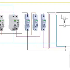 Schemat instalacji elektrycznej z wyłącznikami i przełącznikiem faz PF-431. Instalacja o napięciu 230V zabezpieczona bezpiecznikiem 10A.