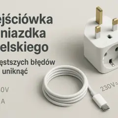 Adapter do angielskiego gniazdka. Biały adapter z trzema bolcami i gniazdem, biały kabel USB-C. 230V, 13A.