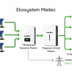 Schemat ekosystemu Miellec: panele fotowoltaiczne, falownik, magazyn energii, urządzenia domowe i sieć. Maksymalna autokonsumpcja fotowoltaika.