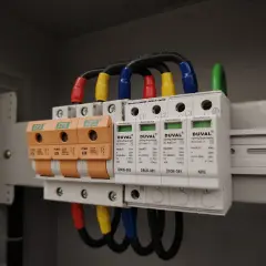 Ograniczniki przepięć w domu jednorodzinnym chronią instalację elektryczną. Widoczne są bezpieczniki i moduły ochronne.