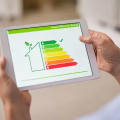 Tablet pokazuje ocenę efektywności energetycznej domu, z zaznaczoną klasą energetyczną B.
