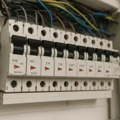 Szukasz informacji, jaki bezpiecznik do siły? Na zdjęciu widać rozdzielnicę elektryczną z bezpiecznikami o różnej wartości prądowej, np. B16, C16, C30FF.