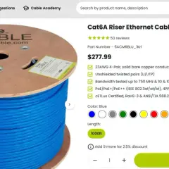 Błękitny kabel Ethernet Cat6A na szpulce. Długość 1000ft. Czy długość kabla Ethernet ma znaczenie? Tak, ten kabel zapewnia wydajność do 100m.