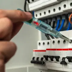Ręka z próbnikiem napięcia sprawdza bezpiecznik L16A. Widoczne są bezpieczniki i przewody w rozdzielnicy.