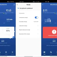 Aplikacja pokazuje bilansowanie energii z fotowoltaiki. Widoczne zużycie, produkcja i pozostała energia. Ostrzeżenie o przekroczeniu limitu energii.