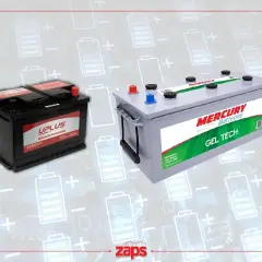 Dwa akumulatory: czarny UPLUS AGM i szary MERCURY GEL TECH. Idealne do zasilania Twojego pojazdu.