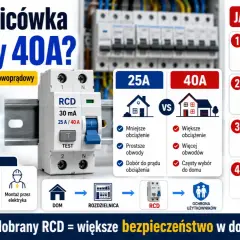 Porównanie wyłączników RCD 25A i 40A. Wybór zależy od obciążenia, liczby obwodów i instalacji. Falownik wybija różnicówkę, gdy jest źle dobrana.