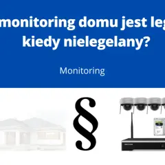 Kiedy monitoring w bloku jest legalny? Obraz przedstawia dom, paragraf i kamery z rejestratorem, sugerując przepisy dotyczące monitoringu.