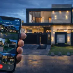 Dłoń trzyma smartfon z widokiem z kamer systemu "Home Security", prezentującym nowoczesny dom. Prosty monitoring domu w zasięgu ręki.
