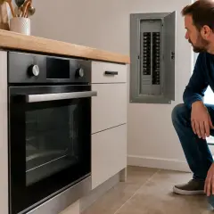 Mężczyzna szuka, gdzie jest bezpiecznik w piekarniku, przy skrzynce z bezpiecznikami w kuchni.