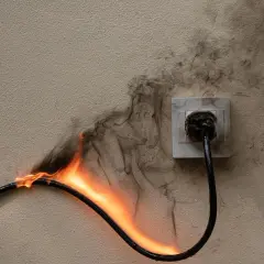 Płonący kabel elektryczny podłączony do gniazdka, z dymem unoszącym się na ścianie. Pamiętaj, jak zabezpieczyć przewody elektryczne przed wodą, by uniknąć pożaru.