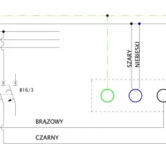 Schemat podłączenia płyty indukcyjnej 3 fazowej. Widać zabezpieczenia B16/3, przewody PE, N, L1, L2, L3 oraz oznaczenia kolorów.