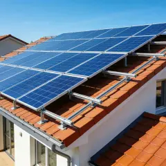 Panele fotowoltaiczne na dachu domu, zapewniające niezależność energetyczną. Fotowoltaika bez podłączenia do sieci to przyszłość.