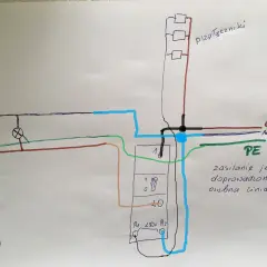 Schemat podłączenia przekaźnika bistabilnego do sterowania oświetleniem. Zasilanie 230V, przewody fazowy (brązowy), neutralny (niebieski) i ochronny (zielony).