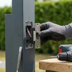 Montaż elektrozaczepu do drzwi. Ręka w rękawicy przykręca element do słupka. Obok wiertarko-wkrętarka.