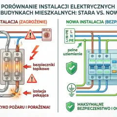 Porównanie starej instalacji elektrycznej z aluminium, bez uziemienia i z uszkodzoną izolacją, z nową, bezpieczną instalacją z przewodami miedzianymi i pełnym uziemieniem.