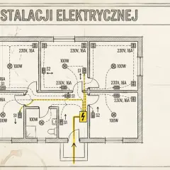 Schemat instalacji elektrycznej mieszkania. Widoczny bezpiecznik, lampy, gniazda i przełączniki.
