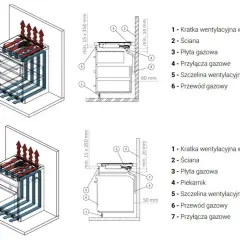 Schemat montażu płyty gazowej nad piekarnikiem elektrycznym. Wskazane są elementy takie jak kratki wentylacyjne, ściana, przyłącza gazowe i przewód gazowy.