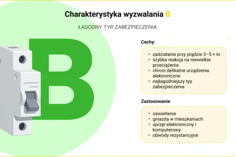Charakterystyka wyzwalania typu B: łagodny, szybka reakcja na przeciążenia, chroni elektronikę. Zastosowanie: oświetlenie, gniazda, sprzęt komputerowy.
