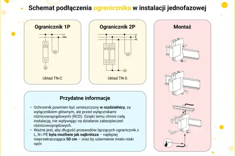 Schemat podłączenia ogranicznika przepięć 1P i 2P w instalacji jednofazowej, wraz z instrukcją montażu i przydatnymi informacjami.