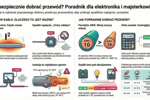 Wzor na moc: dobór przewodów wg AWG i przekroju. Ilustracja pokazuje, jak grubość kabla wpływa na ciepło i napięcie.
