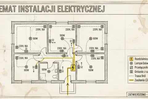 Schemat instalacji elektrycznej mieszkania. Widoczny bezpiecznik, lampy, gniazda i przełączniki.