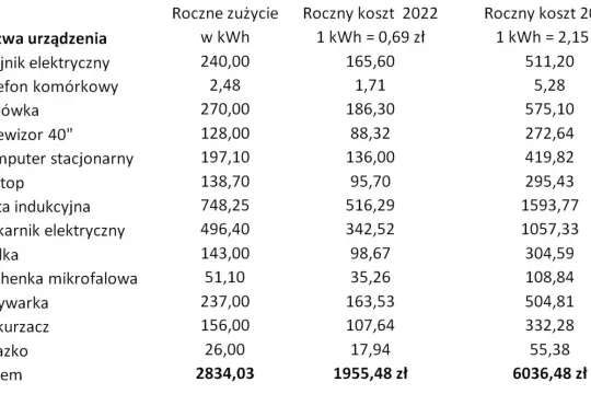 Tabela pokazuje, ile prądu zużywa płyta indukcyjna (748,25 kWh rocznie) i porównuje koszty z innymi urządzeniami.