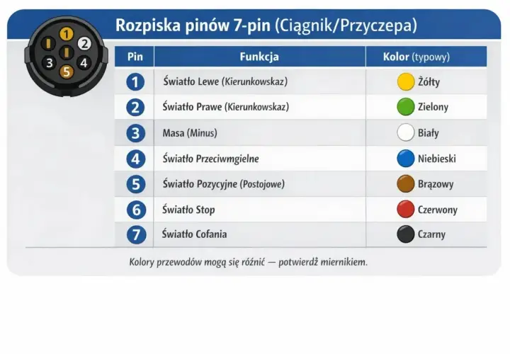 Schemat wtyczki 7 pin: pin 1 - żółty (kierunkowskaz lewy), pin 2 - zielony (kierunkowskaz prawy), pin 3 - biały (masa), pin 4 - niebieski (przeciwmgielne), pin 5 - brązowy (pozycyjne), pin 6 - czerwony (stop), pin 7 - czarny (cofania).