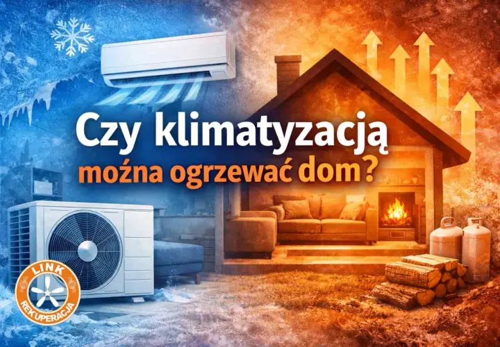 Klimatyzacja do ogrzewania domu: porównanie zimna i ciepła. Wnętrze domu z kominkiem i kanapą po prawej, klimatyzator po lewej.