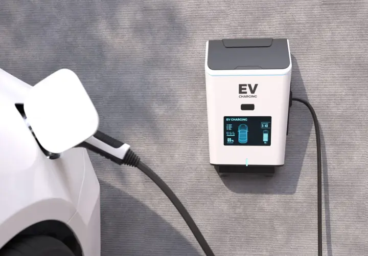 Ładowanie samochodu elektrycznego w domu. Stacja EV na ścianie, kabel podłączony do białego auta, bateria naładowana w 69%.
