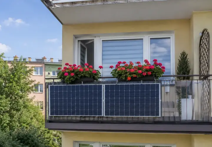 Dwa panele fotowoltaiczne na tarasie, nad nimi skrzynki z czerwonymi pelargoniami. Zielone drzewa i kolorowe budynki w tle.