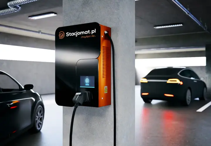 Stacja ładowania samochodu elektrycznego w garażu podziemnym. Nowoczesna ładowarka Stacjomat.pl gotowa do podłączenia pojazdu.