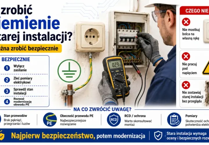 Elektryk sprawdza instalację miernikiem, pokazując, jak podłączyć gniazdko w starej instalacji bezpiecznie.
