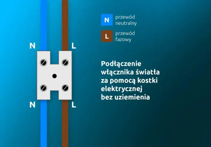 Schemat podłączenia włącznika światła bez uziemienia. Widoczny wyłącznik dwubiegunowy z podłączonym przewodem neutralnym (N) i fazowym (L).