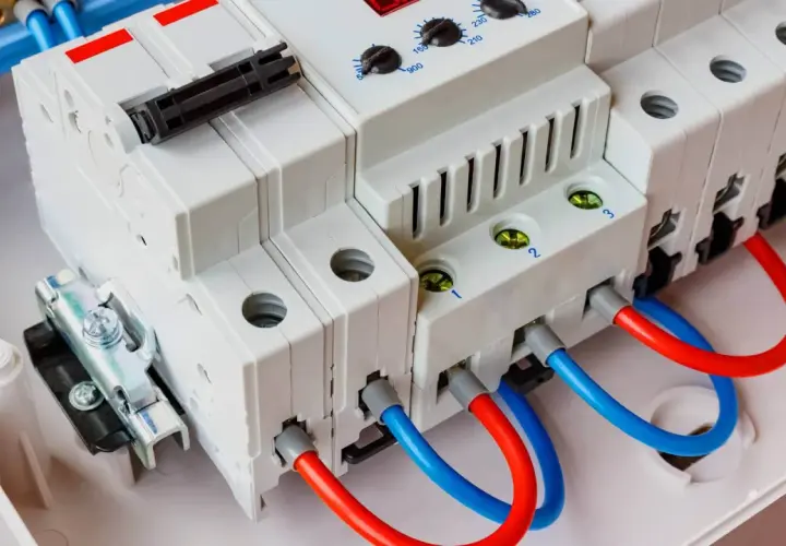 Nowoczesna przepięciówka 1 fazowa z czerwonymi i niebieskimi przewodami, gotowa do ochrony instalacji elektrycznej.