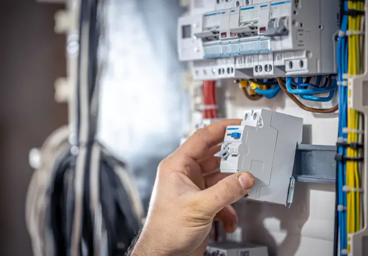 Dłoń montuje bezpiecznik w skrzynce elektrycznej. Widać przewody i inne zabezpieczenia. Czy to bezpiecznik b czy c?