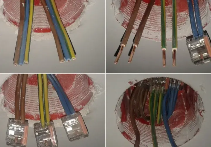 Łączenie puszek elektrycznych: przewody brązowe, żółte, zielone i niebieskie gotowe do połączenia.
