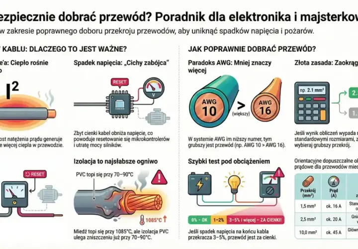 Ilustracja pokazuje przekrój przewodu elektrycznego z widoczną metalową częścią, która nagrzewa się pod wpływem prądu.