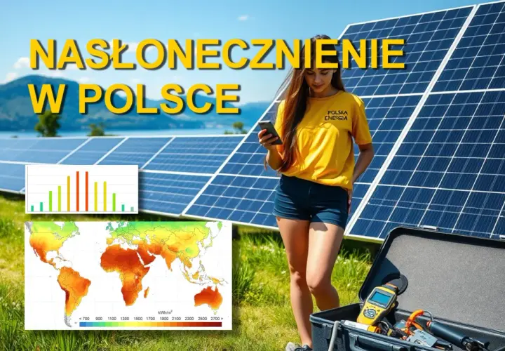 Kobieta w żółtej koszulce z napisem "Polska Energia" stoi obok paneli słonecznych. Na ekranie telefonu widnieje napis "Nasłonecznienie w Polsce". Obok mapy świata pokazującej nasłonecznienie.