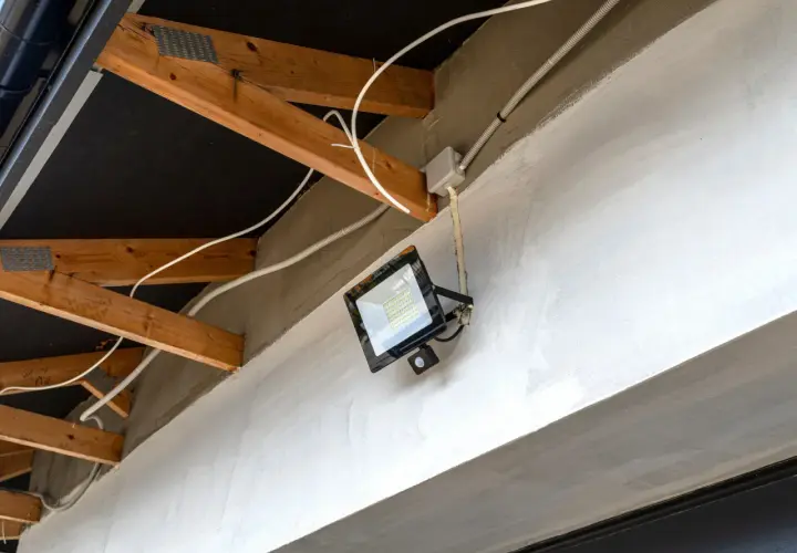 Nowoczesna elektryka w garażu: jasny reflektor LED z czujnikiem ruchu zamontowany na betonowej belce, otoczony drewnianą konstrukcją dachu i białymi przewodami.