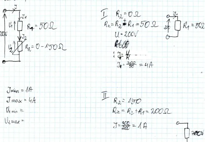 Obwód z rezystorami R1=50Ω i R2=0-150Ω. Obliczenia prądu i napięcia, wzór na spadek napięcia.